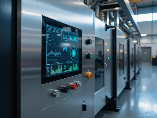 工业控制系统产品展示，电子控制面板，LED指示灯，现代工业设计，白色背景