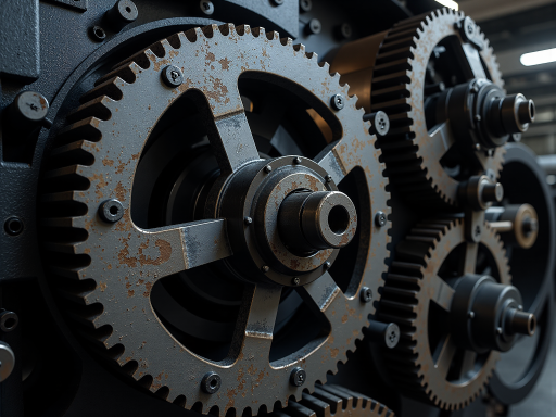 工业齿轮箱产品展示，大型金属齿轮箱，坚固外壳设计，工厂车间背景