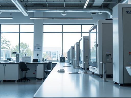 公司技术研发实验室内部，工程师正在操作精密仪器，现代化设备，白色实验台，专业工作环境